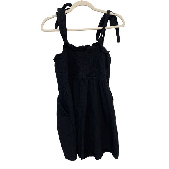 Old Navy Romper Size Small Smocked Ruffle Square Neck Tie Shoulder Black Summer - Picture 3 of 10